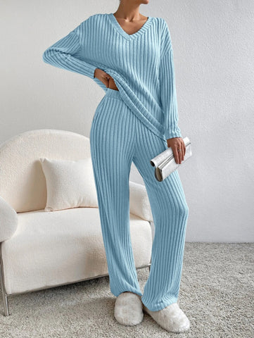 Ensemble De Costume Rayé Uni À La Mode, Haut À Manches Longues Col En V Et Pantalon Droit Décontracté Ample Pour Femmes