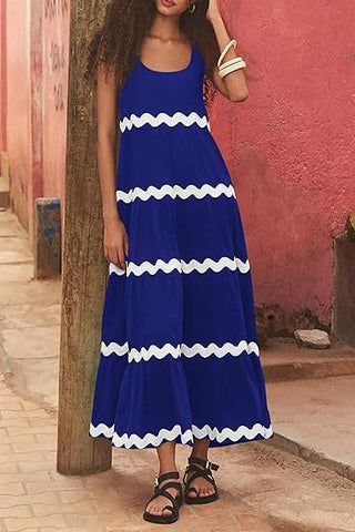 U-neck Wavy Print Long Dress Sleeveless Solid Color A-line Dress Summer Womens Clothing - Fashionner