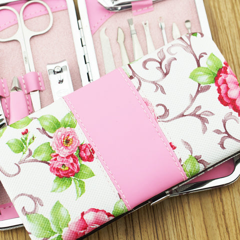 Nail Clipper Set Stainless Steel 12 Piece Pink Flower Nail Scissors Manicure manicure tools rose -12 - Fashionner