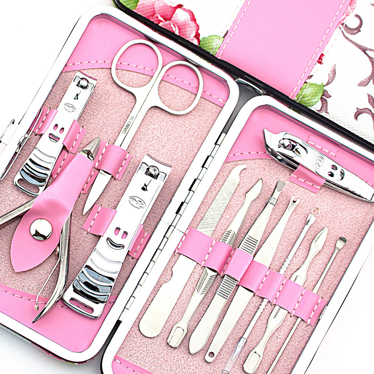 Nail Clipper Set Stainless Steel 12 Piece Pink Flower Nail Scissors Manicure manicure tools rose -12 - Fashionner