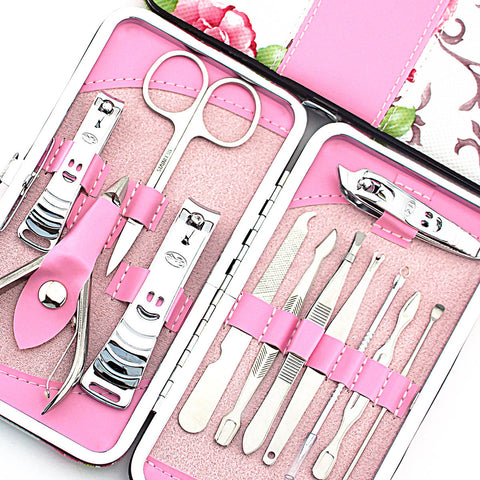 Nail Clipper Set Stainless Steel 12 Piece Pink Flower Nail Scissors Manicure manicure tools rose -12 - Fashionner