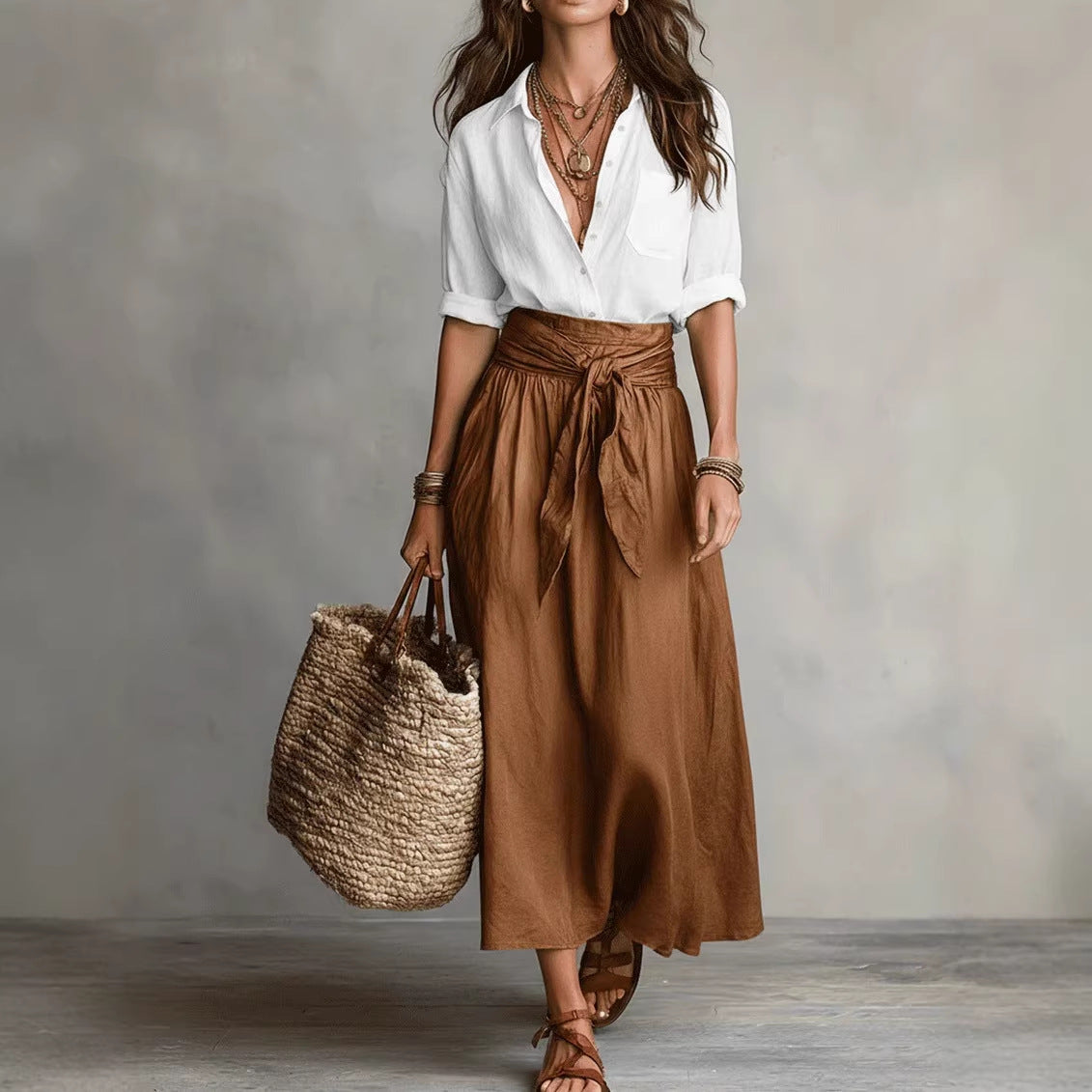 Buy Summer Short-sleeve Suits Fashion Casual Button-down Shirt Top And Straight Skirt Women's Two-piece Set online at Fashionner.