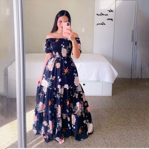 Robe longue florale élégante sans épaules pour femme