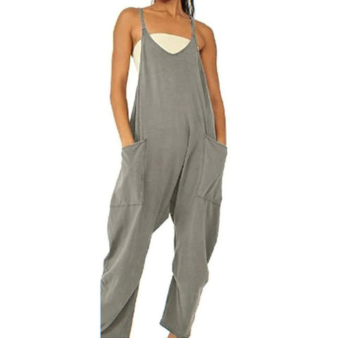 Summer Women's Loose Sleeveless Jumpsuits Spaghetti Strap Long Pant Romper Jumpsuit With Pockets Zipper - Fashionner