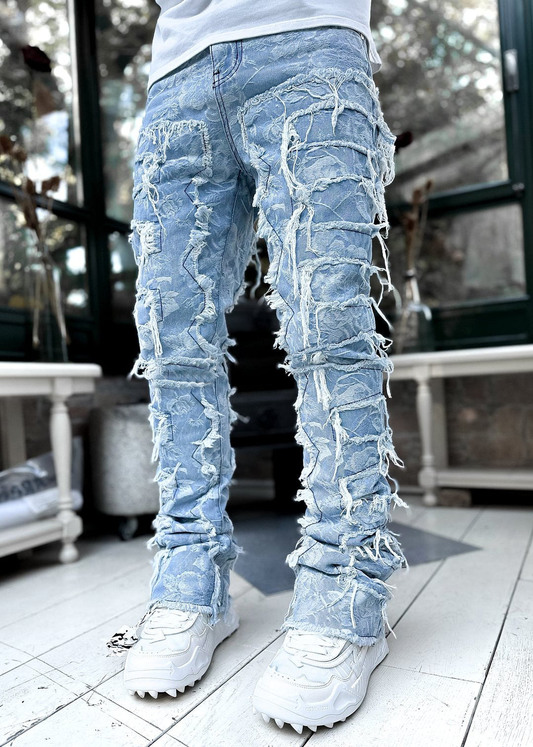 Men Trousers Individual Patched Pants Long Tight Fit Stacked Jeans For Mens Clothing - Fashionner