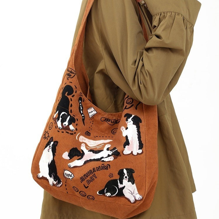 Retro Shoulder Puppy Printed Large Capacity Casual Canvas Bag - Fashionner