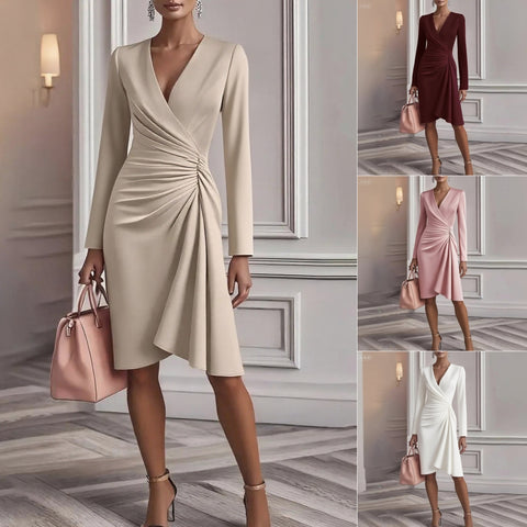 Robe femme col en V plissée de couleur unie, coupe ajustée, manches longues, design plissé en V, robe de soirée trapèze mi-longue pour le bureau