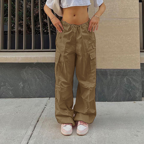 Casual Cargo Pants For Women Solid Color Drawstring Pocket Design Fashion Street Trousers Girls - Fashionner