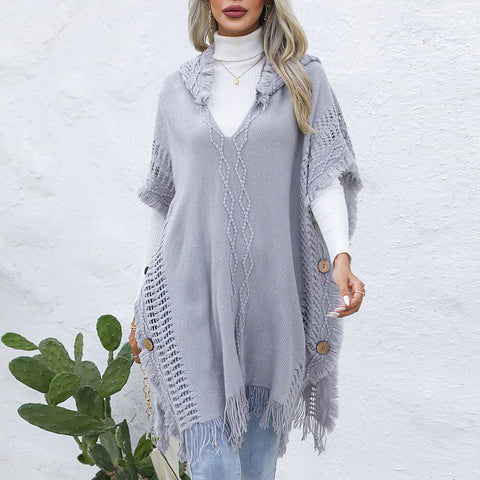 Women's casual loose V-necktie hat pullover medium length sweater vest cape top jacket - Fashionner