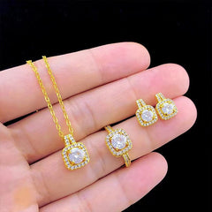 Fashion Jewelry Set Zircon Gem Pendant Chain Choker Necklace For Women Gold Color Stud Earring Statement Wedding Ring - Fashionner