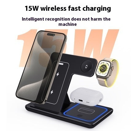 Support de charge rapide sans fil LED 15W 3-en-1 pliable pour Smartphone 15 14 13 12 11 IWatch 9 8 7 6 5 Airpods Pro