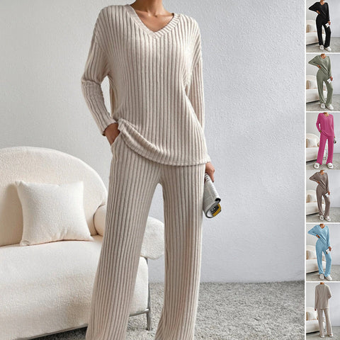 Ensemble De Costume Rayé Uni À La Mode, Haut À Manches Longues Col En V Et Pantalon Droit Décontracté Ample Pour Femmes