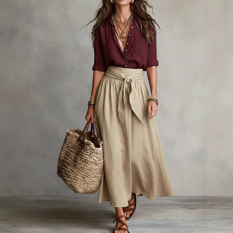 Buy Summer Short-sleeve Suits Fashion Casual Button-down Shirt Top And Straight Skirt Women's Two-piece Set online at Fashionner.