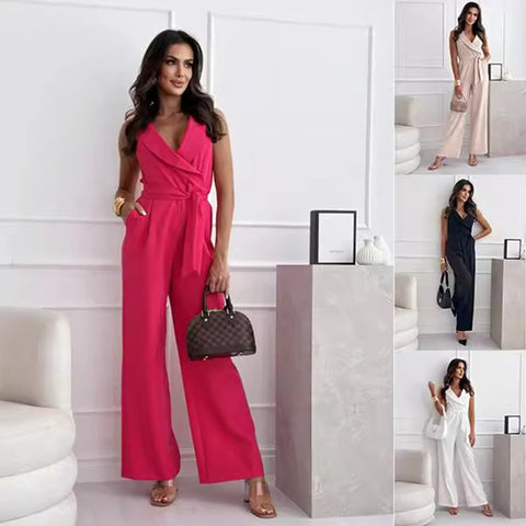 Buy V-Neck Sleeveless Jumpsuit With Belt Design Summer Fashion Trousers Women'S Clothing online at Fashionner