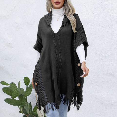 Women's casual loose V-necktie hat pullover medium length sweater vest cape top jacket - Fashionner