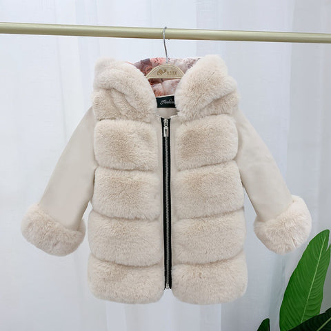 Children's Cotton Coat Rex Rabbit Hooded Faux Fur Coat - Fashionner