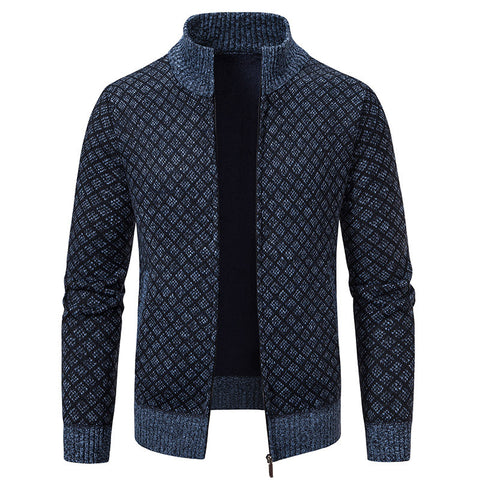 Thickened Plaid Print Jacket Cardigan Fashion Slim Fit Zipper Stand Collar Sweater Winter Men's Casual Long Sleeve Knitted Top Clothing
