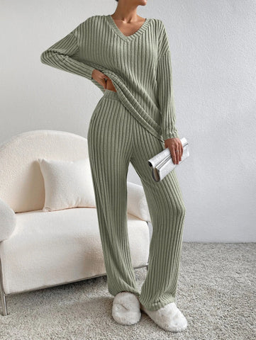 Ensemble De Costume Rayé Uni À La Mode, Haut À Manches Longues Col En V Et Pantalon Droit Décontracté Ample Pour Femmes
