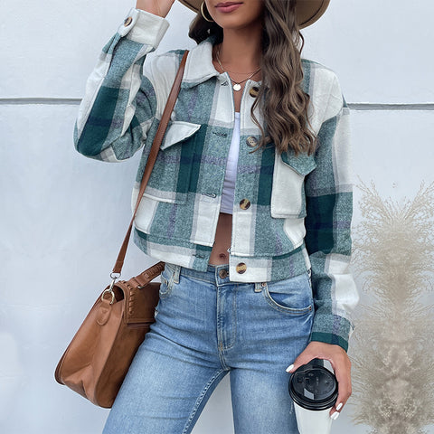 Veste courte à revers à carreaux avec poches Boutons mode Manches longues Manteau court pour vêtements femme
