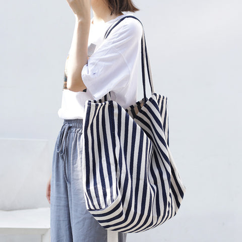 Striped Canvas Bags High Capacity Shoulder Bags For Women Fashion Shopper Handbags Casual Shopping Totes - Fashionner