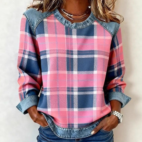 Sweat-shirt en jean patchwork, mode, col rond, pull unique, haut de chemise à manches longues, vêtements pour femmes