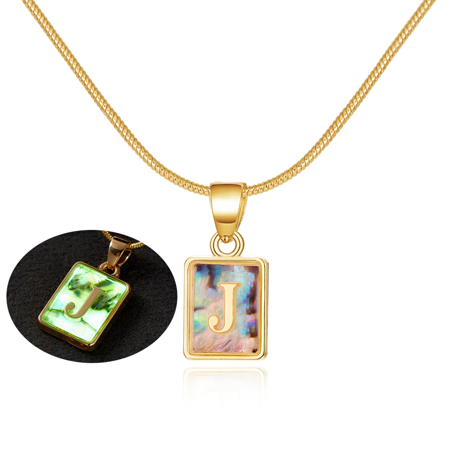 26 Letter Square Necklace Colorful Shell Luminous Pendant Chain Necklace For Women Temperament Ladies Jewelry - Fashionner