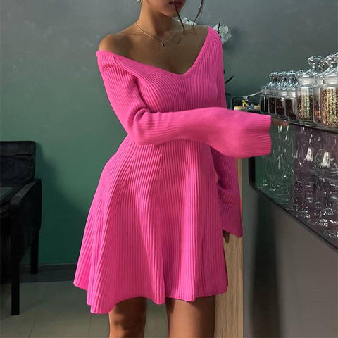 Robe courte moulante à col en V et manches longues, tricotée, avec volants, coupe trapèze, style Y2K, vêtements pour femmes.
