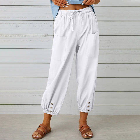 Women Drawstring Tie Pants Spring Summer Cotton And Linen Trousers With Pockets Button - Fashionner