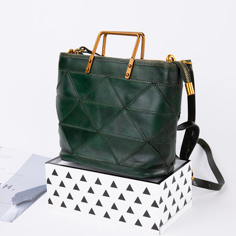 All-match Geometric Stitched Cowhide Women's Bag Work Commute Literary Handbag - Fashionner