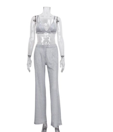 Camisole Slim Straight High Waist Pants Street Glitter Jacket Night Club Suit - Fashionner