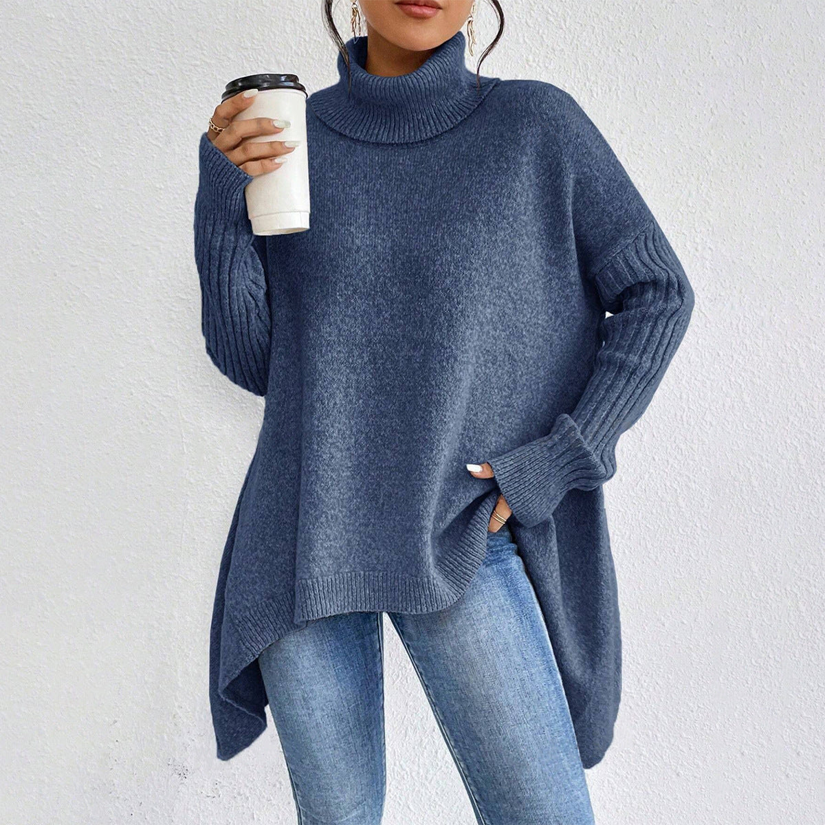 Buy Irregular Turtleneck Sweater Winter Loose Long Sleeve Knitted Tops Leisure Warm Pullover Sweater Women'S Clothing online at Fashionner.