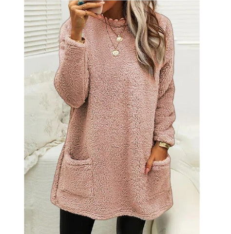 Sweat-shirt pull polaire long pour femmes avec poches Hiver chaud Épaissir Sweatershirt Décontracté Manches longues Peluche Hauts Manteau à capuche Streetwear Tenues amples d'automne Hauts à capuche