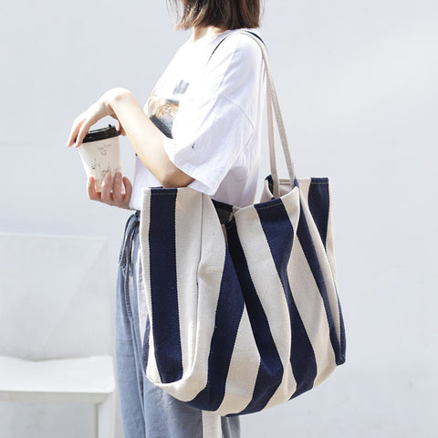 Striped Canvas Bags High Capacity Shoulder Bags For Women Fashion Shopper Handbags Casual Shopping Totes - Fashionner