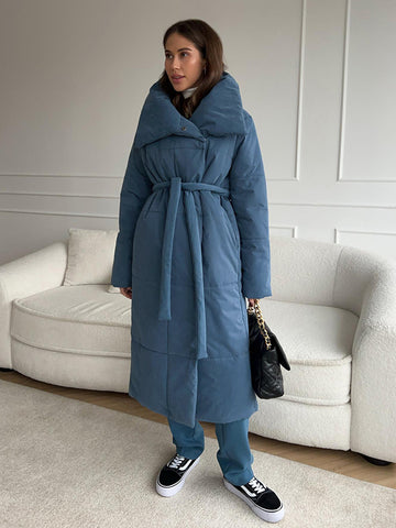 Manteau long à grand revers pour femme, veste d'hiver chaude en coton avec poches et design à lacets, manteau épais décontracté de couleur unie pour vêtements d'extérieur