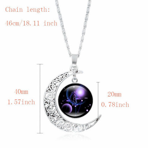 Zodiac Time Gem Luminous Necklace For Women, Simple Silver Moon Pendant Choker