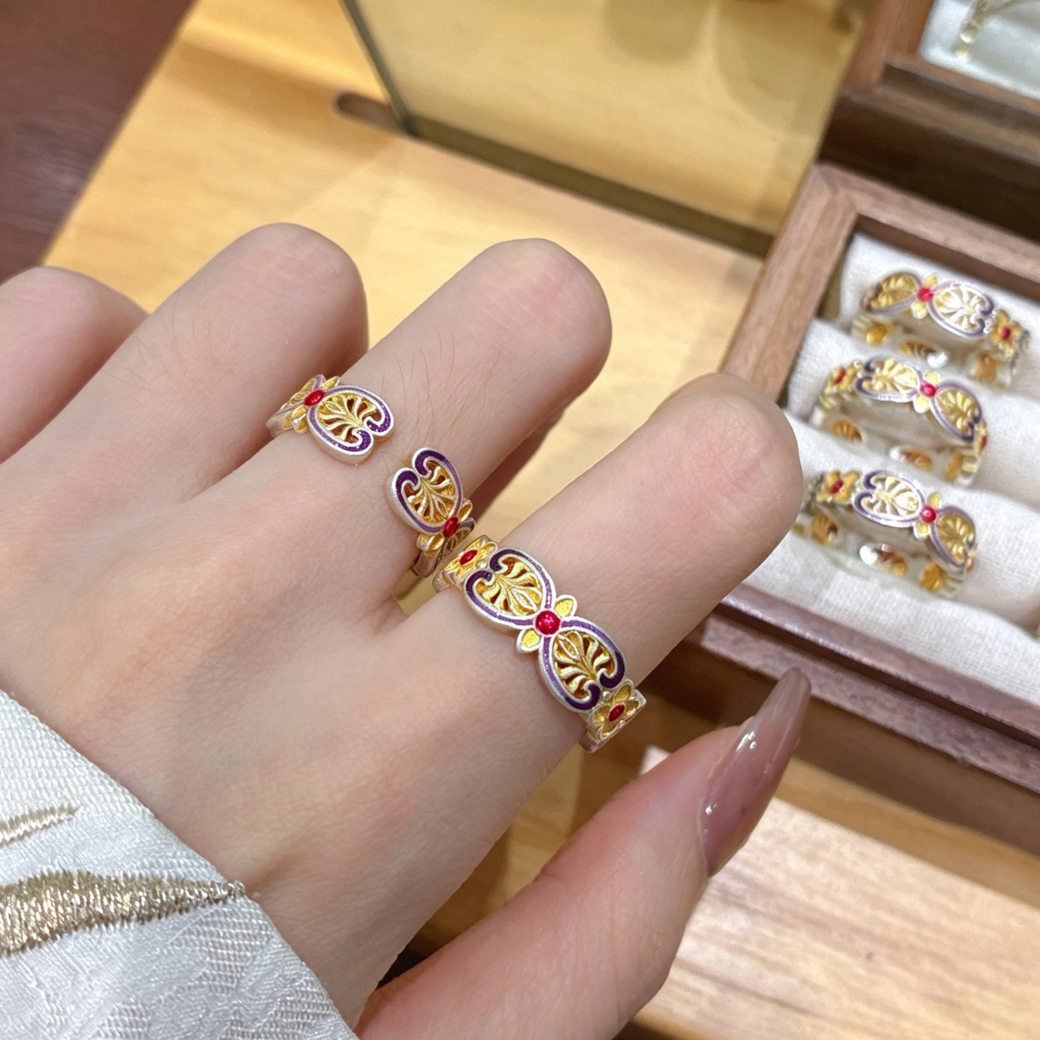 Buy 1Pcs 999.9 Sterling Silver Filigree Enamel Ruyi Ring, Traditional Chinese Style, Perfect For Special Occasions & Collectors online at Fashionner.