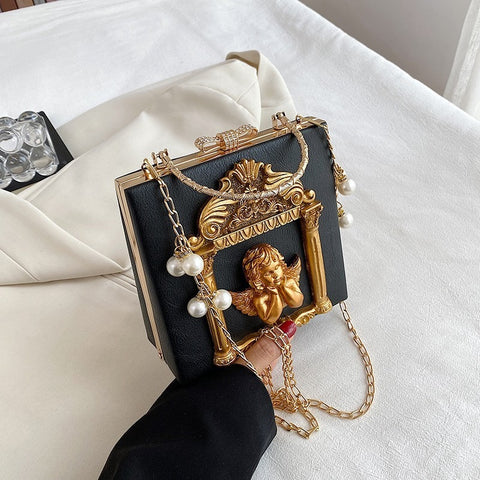 Retro Angel Flower Handheld Chain Bag, Unique One Shoulder Crossbody Bag - Fashionner