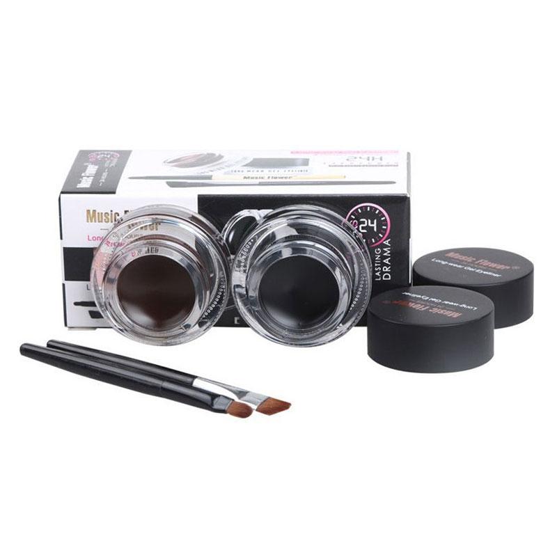 Music Flower 2 in 1 Coffee + Black Gel Eyeliner Make Up Waterproof Eye Liner Cosmetics Set Eyeliner Pens Makeup Brushes Set - Fashionner