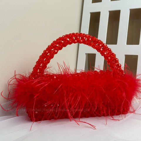 Avec Ostrich Hair Perles Sac Perles Transparent Acrylique Cristal Pierre Boîte Sac à Main Femme Fait à la Main Fête Bourse