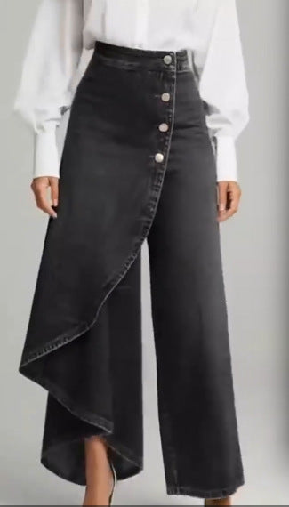 Pantalon coupe droite unique Boutons à grands volants pour femme, en faux jean