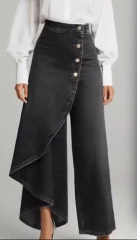 Pantalon coupe droite unique Boutons à grands volants pour femme, en faux jean