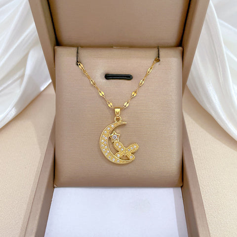 Hollow Zircon Butterfly Love Moon Necklace