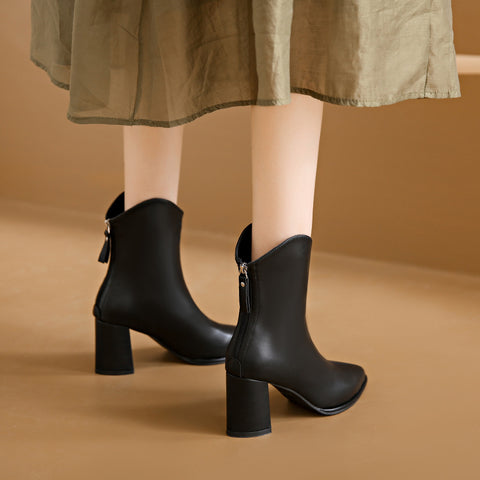 Genuine Leather Pointed Toe High Heel Boots Female White Chunky Heels - Fashionner