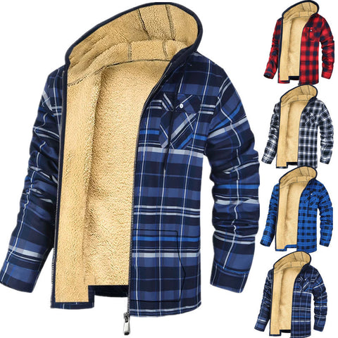 Veste zippée à capuche à imprimé écossais pour homme Manteau chaud rembourré en coton épaissi pour l'hiver