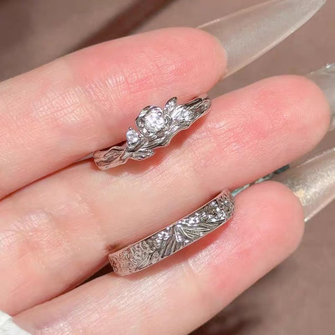 Buy 1 Pair 999 Sterling Silver Snow Mountain Rose Couple Rings, Romantic Carved Design, For Daily Wear & Valentine'S Gifts online at Fashionner.