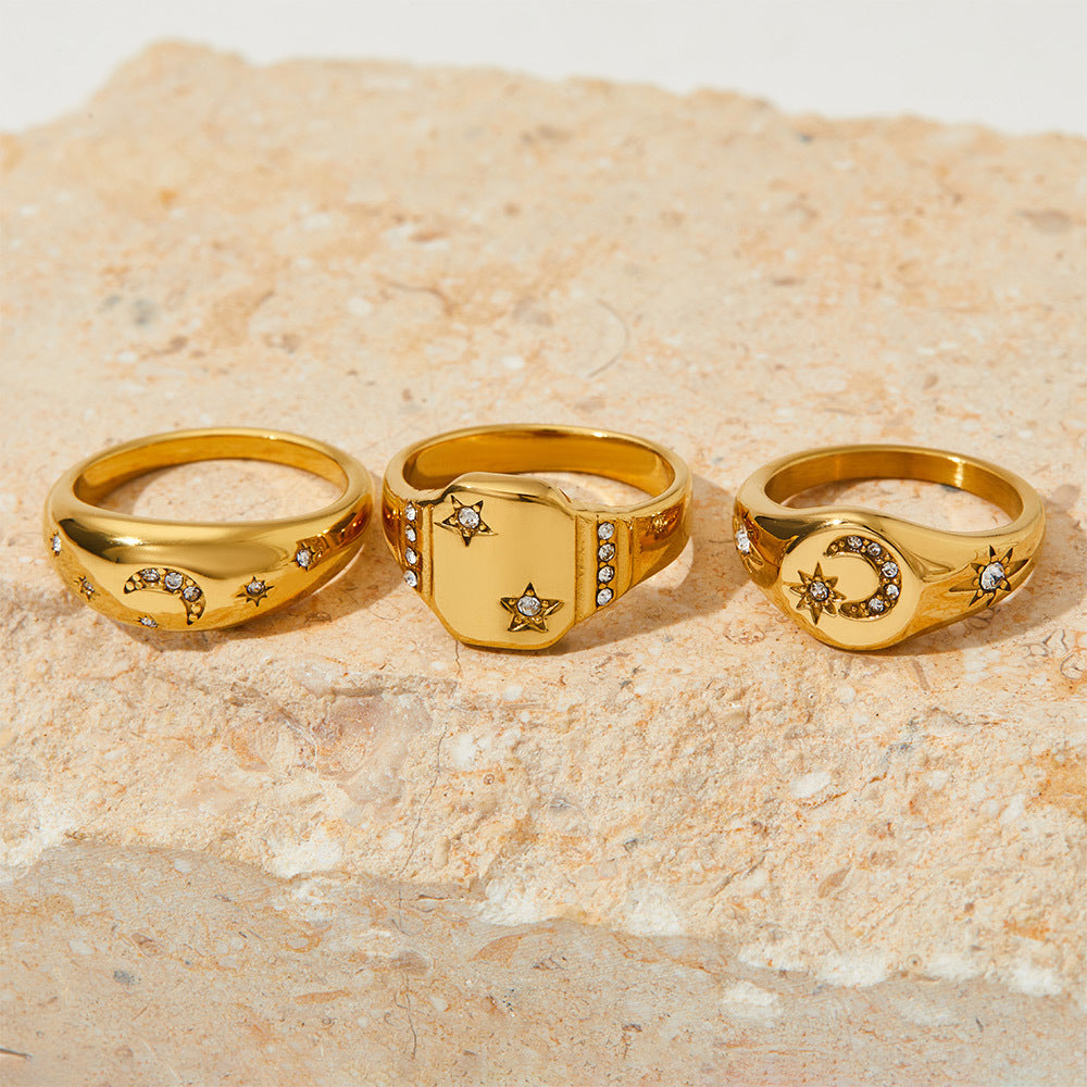 Buy Stainless Steel 18K Gold Star And Moon Ring Jewelry online at Fashionner.