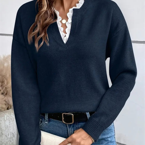 Elegant Casual V-neck Lace Commuting Thick Warm Sweater For Women Pullover Fashionable Solid Color Loose Sweater