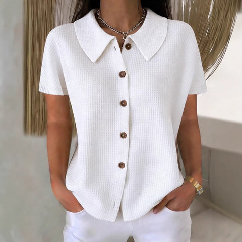 Chemise décontractée ample à manches courtes en tissu gaufré uni avec col rabattu – Haut d'été léger en mélange de coton pour femmes, idéal pour un usage quotidien