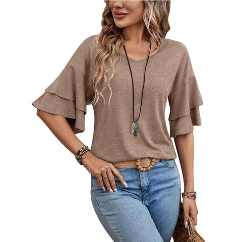 T-shirt ample à col en V et manches volantées, couleur unie, haut mi-manches, vêtements pour femmes
