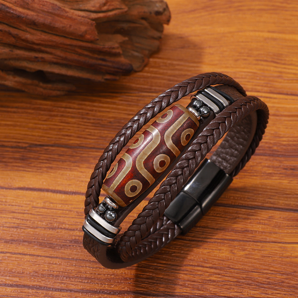 Buy Hand-Woven Men'S Leather Bracelet With Stainless Steel Nine-Eyed Dzi Beads online at Fashionner.